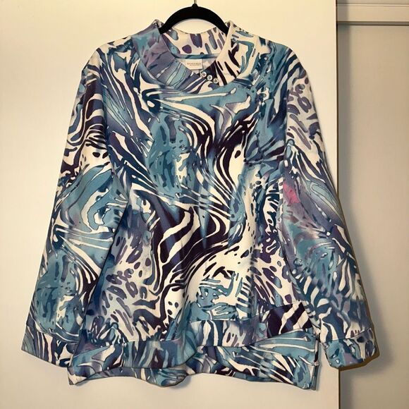 Chico's Tops - Chicos Weekends XL (3) Baby Fleece Tulip Hem LS Shirt White Blue Purple NWT